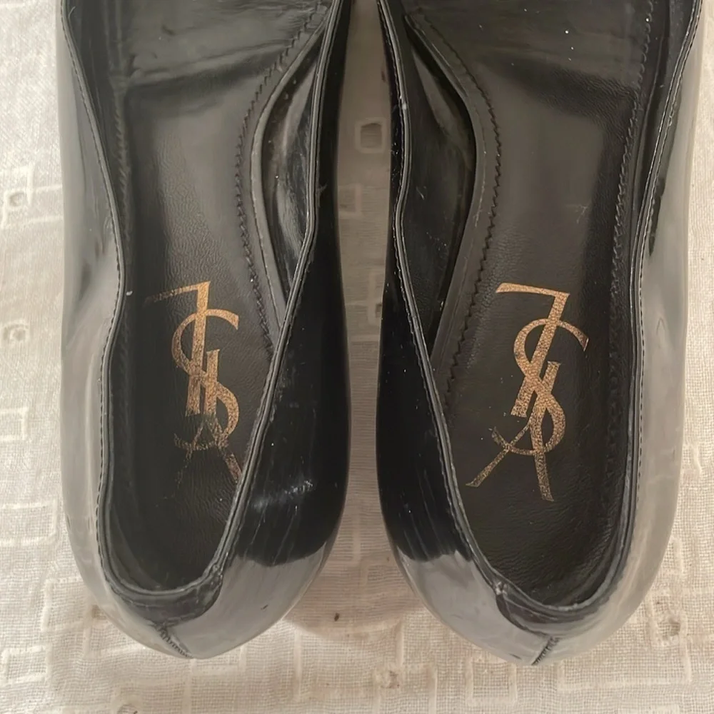 Yves Saint Laurent Black Flat Peep Toe Bow Flat Shoes - Picture 10 of 13